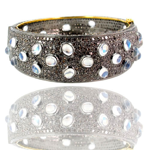Gold Moonstone Silver Pave Diamond Bangle - 14k Gold & 925 Silver, Royal Blue Moonstone 10.7 CTS, 10.07 CTS Diamonds, Elegant Design & Customizable