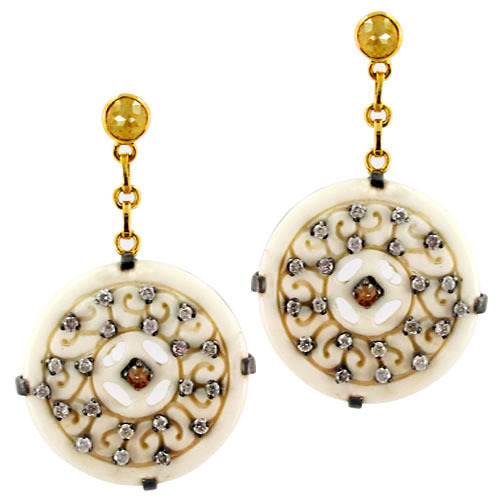 Carving Gold Diamond Studded Earring - 14k Gold & Sterling Silver, 2.1 Ct Diamond, 22.6 Ct Color Stones, Elegant Design