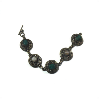 Emerald Studded Bracelet - Sterling Silver, 7 Inches, Oxidized Finish | Toggle Clasp, Elegant Design, Precious Emerald Stones