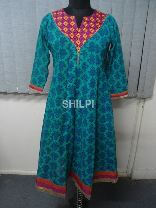 Cotton Printed with Embroidery Kurti - Cotton, Standard Size, Green and Blue | Light in Weight, Washable, Quick Dry, Stylish Embroidery Yoke