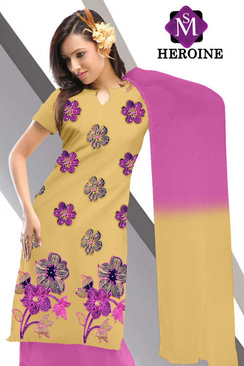 Heroine - Cotton Salwar Kameez, 54 Inches, Beige | Floral Embroidery, Comfortable Fit, Easy Wash, Shrink Free