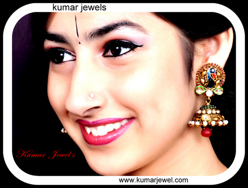 Polki Jhumki Earring - Silver & Alloy, 2-3 cm, Copper Shade | Peacock Motif, Gold Plating, Polki Stones, Pearls, Party Wear