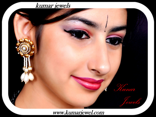 Polki Chandelier Earring - Silver Alloy Gold Plated, Pearl Chains, Elegant Party Wear