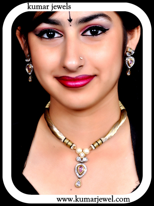 RES HAM MALA SET - Resham Mala With Uncut CZ Stones, Gold Tone, Adjustable Closure, Drop Earrings | Elegant Daily Wear, Pave Stone Setting