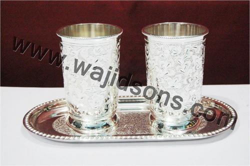 Silver Plated Tray With Glass Set