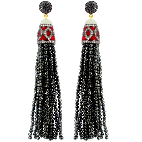Enamel Diamond Black Spinel Tassel Earrings
