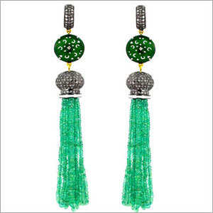 Emerald Beads Enamel Tassel Earrings