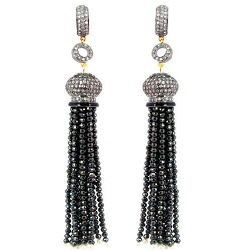 Pave Diamond Black Spinel Beads Tassel Earrings