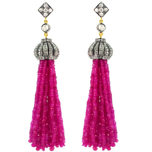 Pink Tourmaline Beads Diamond Tassel Earrings