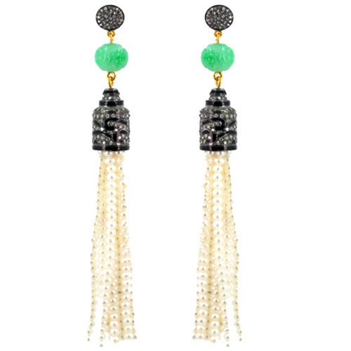 Diamond Pearl Beads Tassel Dangle Earrings