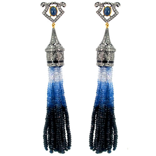 Blue Sapphire Gemstone Diamond Tassel Earrings