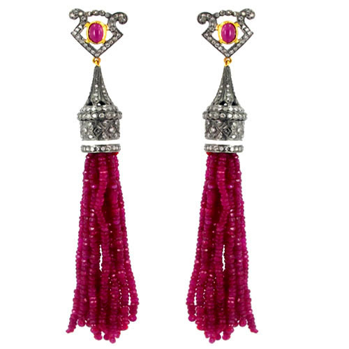 Pave Diamond Tourmaline Beads Tassel Earrings