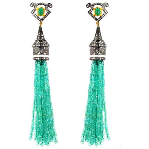 Emerald Gemstone Beaded Tassel Earrings Jewelry
