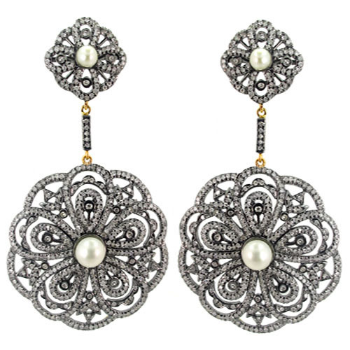 Pearl Gold Pave Diamond Filigree Earrings