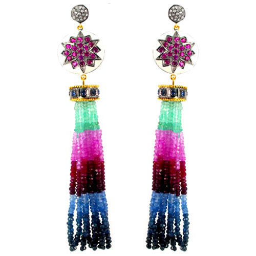 Multi Gemstone Diamond Gold Tassel Earrings