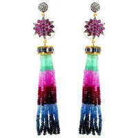 Multi Gemstone Diamond Gold Tassel Earrings