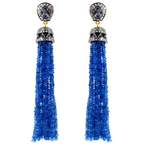 Blue Sapphire Beads Diamond Tassel Earrings