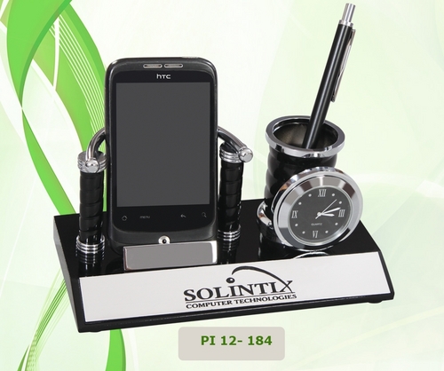 Promotional Table Tops - Metal & Plastic, 10x8x5 cm, Black | Analog Clock, Pen Holder, Phone Stand, Customizable Design