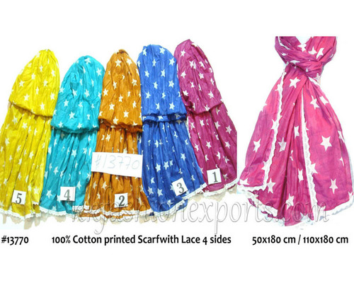 Cotton Printed Scarf with Lace