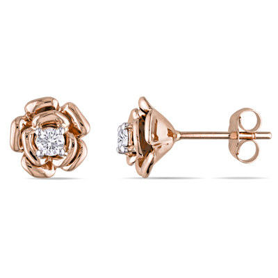 Ag American Diamond Beautiful Stunning Flower Shape Diamond Earring # KIE0022 - 18k Gold Plating on Silver, Rose Gold, 8-10mm, 2 Diamonds, Elegant Flower Design