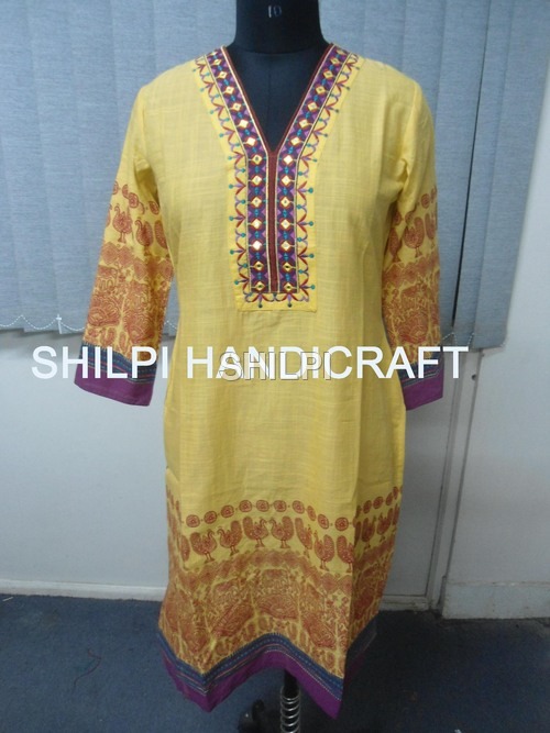 Ladies Embroidered Kurta - Cotton, Standard Size, Yellow | Light Weight, Quick Dry, Washable, Seamless Finishing, Colorfastness