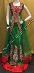 Fish Cut Lehenga - Green Velvet With Brocade Inner, Net Coti Sarosaki, Crystal & Diamond Patch Border Work, Elegant Design