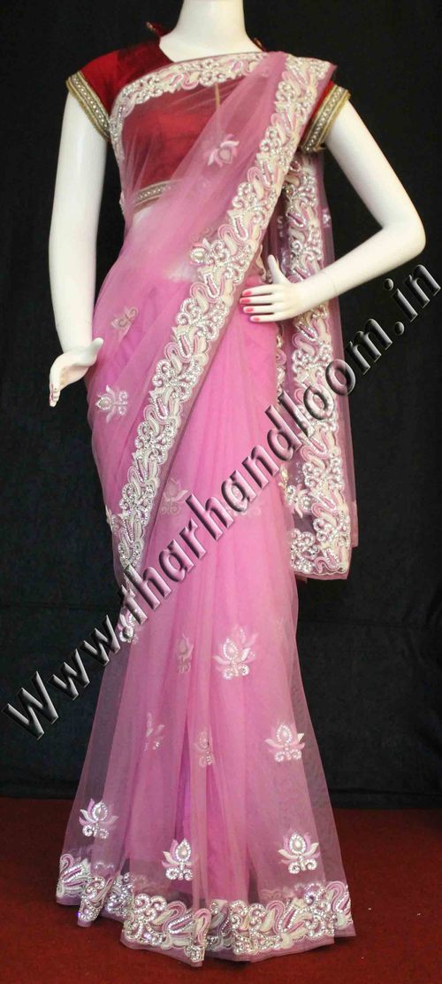 Timeless Elegance Pink Net Saree - 5.5m x 1.1m, Pink Net with Pearl Border | Stone Embellished, Elegant Design, Charming Look