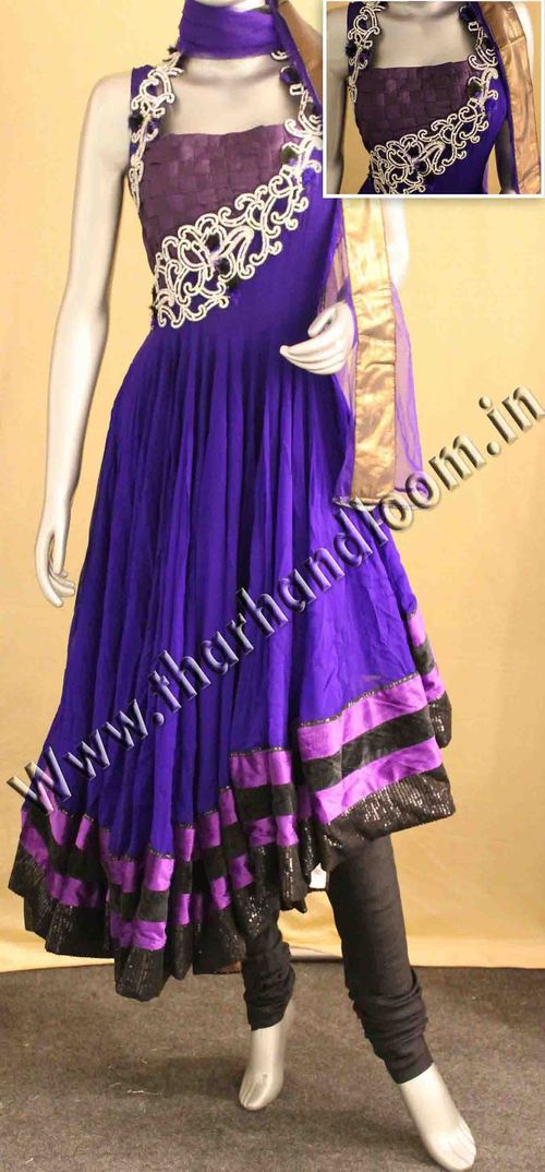 Impressive Long Anarkail Suit - Chiffon Fabric, Purple, Crepe Silk Bottom, Matching Dupatta, Diamanties Embellished, Elegant Design