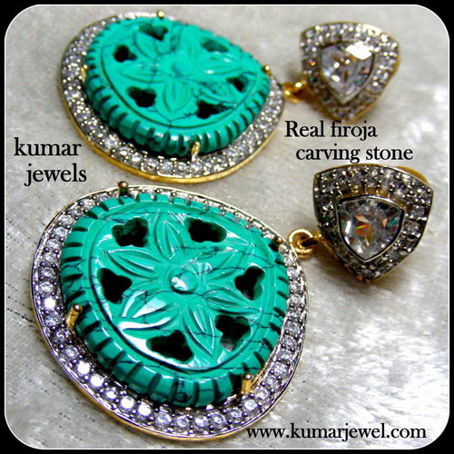 Carved Earring - Firoza Stone, 15x20mm, Silver Alloy Base, Gold Plated, CZ Accents, Dangle Design