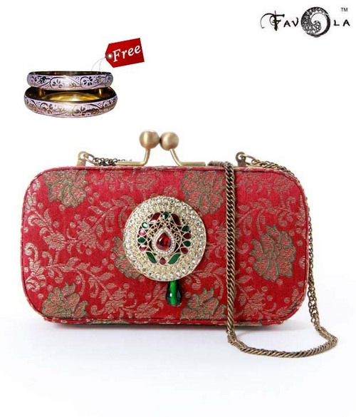 Favola Beautiful Red Silk Clutch - Silk, 8x5x2 Inches, Red | Elegant Design, Jewelled Embellishments, Ethnic Look, Metal Chain Strap