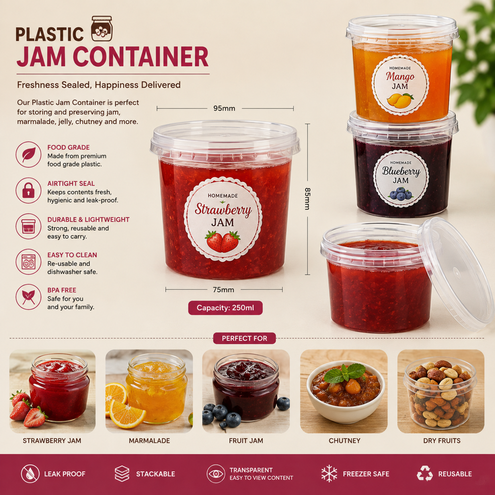 Plastic Jam - Lightweight Transparent Plastic Container | Premium Finish, Glossy Look, Ideal for Restaurants and Takeaway