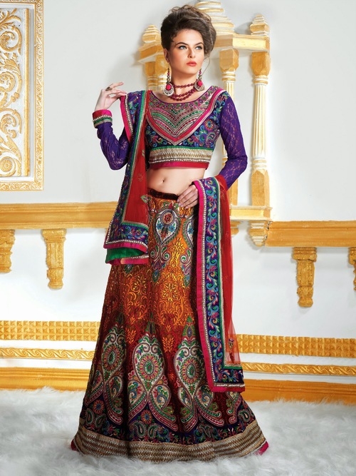 Indian Bridal Lenghas - Silk Blend, 54 Inches, Multicolor | Elegant Design, Zari Embroidery, Traditional Look