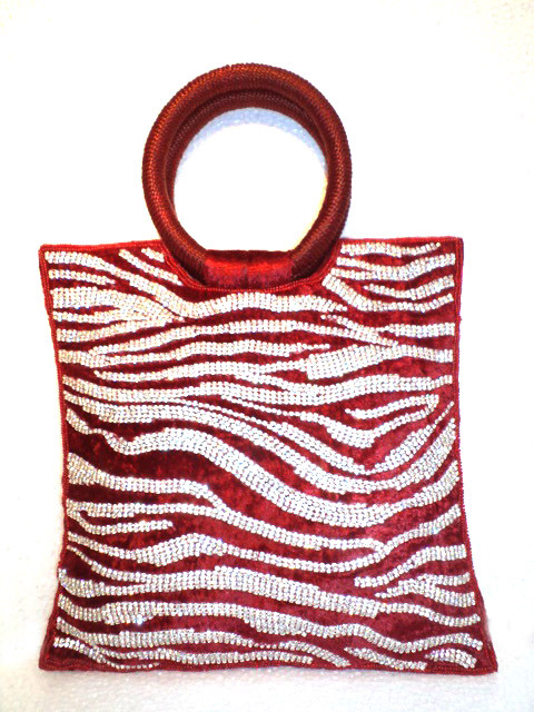 FAVOLA Crystallized Tiger Skin Pattern Red Hand Bag - Velvet, 10x10x5 Inches, Top Handle | Swarovski Crystals, Festive, Customizable Color