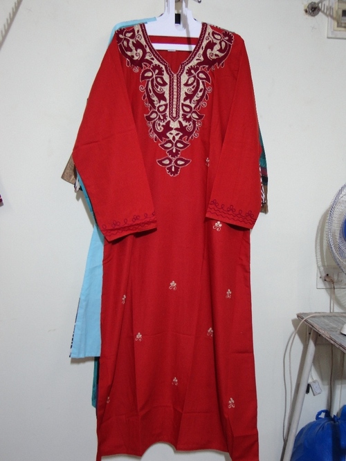 Designer Indian Kurtis - Cotton, Medium, Red, 45 Inch Length | Floral Embroidery, V-Neck, 3/4 Sleeves, Comfortable Fit