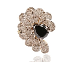 Natural Pear Cut Black Diamond Flower Shape Yellow Gold Designer Ring with White Diamond Pointers