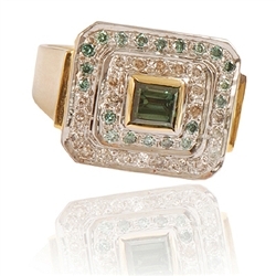 Stunning Natural Green Diamond Solitaire Ring with Green & White Diamond Pointers