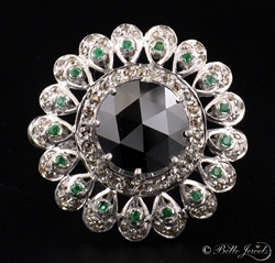 Rose Cut 10ct Black Diamond Solitaire Ring with Emeralds