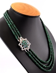 3 Strand Precious Cabochon Emerald with Silver Clasp Gemstone Necklace