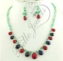 Stunning Designer Emerald Bead With Ruby ,sapphire Drop Necklace