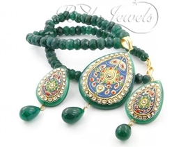 Handcrafted Single Strand Emerald Beads With Golden Plated Artwork Necklace Set