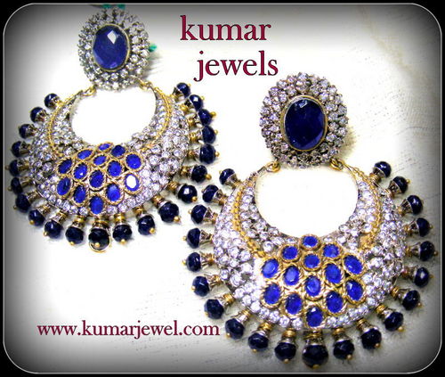 Royal Beaded Earrings - Platinum Plated Royal Blue Stones Antique Style | Wedding Wear Elegant Design
