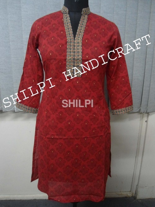 Zari Embroidery Kurta - Cotton, Standard Size, Red | Light Weight, Quick Dry, Washable, Highly Comfortable, Perfect for Casual and Function Wear