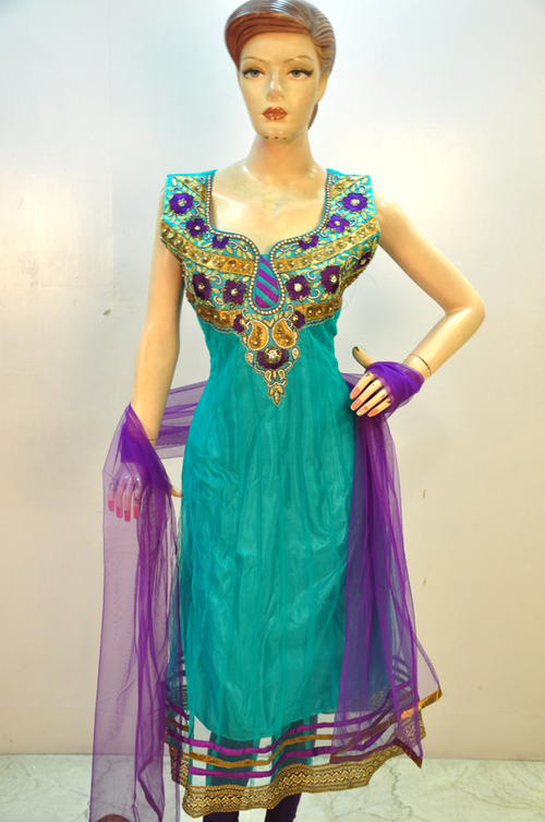 Designer Crushed Anarkali Suit - Crushed Silk, 54 Inches, Teal | Elegant Design, Beads & Stones Embellishment, Seamless Stitching