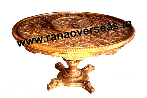 Wooden Hand Carved Center Table in Round Shape. 