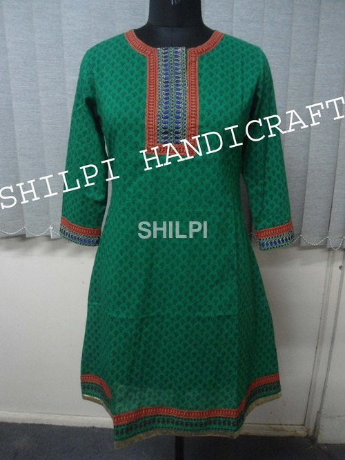 Green Printed Kurta - Cotton, Standard Size, Lightweight, Quick Dry | Featuring Embroidery Work with Placket for Female Use