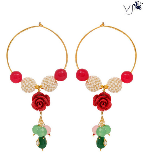 Vatika Red Coral Flower Stone Earrings