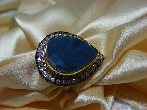 Blue Space Ring - Gold-Plated Metal, 15x10 mm, Navy Blue Druzy Stone, CZ Accents, Prong Setting