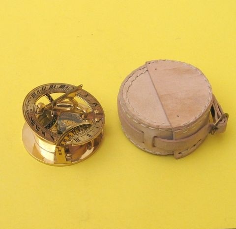 Brass Sundial Compass With White Leather Case