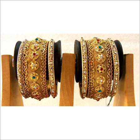 Stone Studded Bangle - Metal & Stones, 6-8 cm Diameter, Gold Color | Elegant Design, Attractive Patterns, High-Grade Stones, Polished Finish