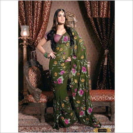 Designer Party Wear Sarees - Half Net Half Georgette, Yellow and Blue Floral Pattern | Colorfast, Smooth Texture, Alluring Prints, Elegant Design